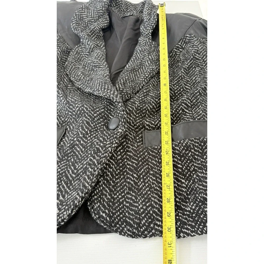 Vintage 80s Herringbone Tweed Wool Coat Leather Trim‎ Working Girl Blazer 9-10